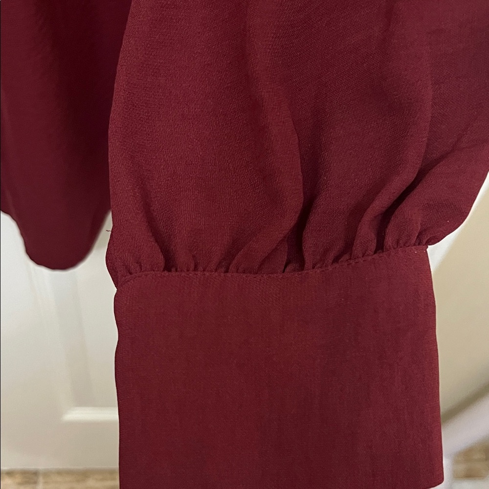 Burgundy Blouse Tie Neck Pintuck Blouse - Picture 3 of 4